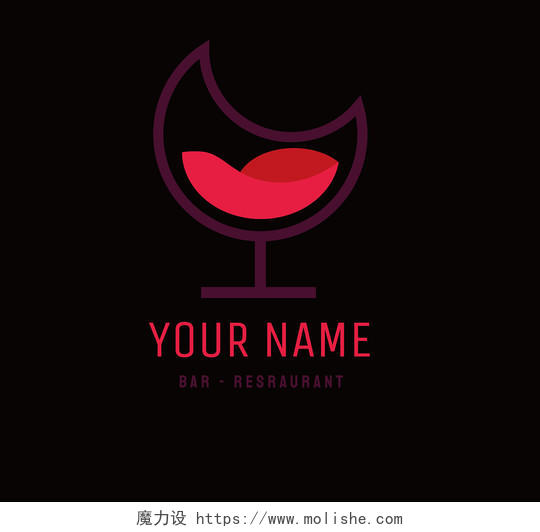 线条月亮红酒酒杯红色酒吧logo
